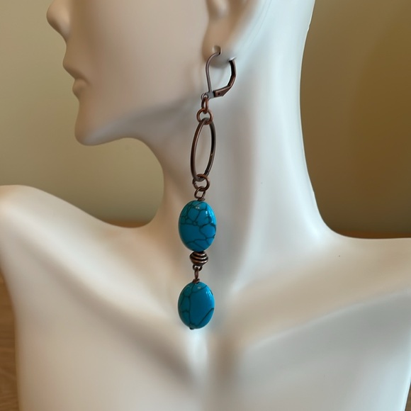 HAND CRAFTED HOOP EARRINGS SHOULDER DUSTER PIERCED Turquoise on Antiqued Copper - Picture 4 of 14